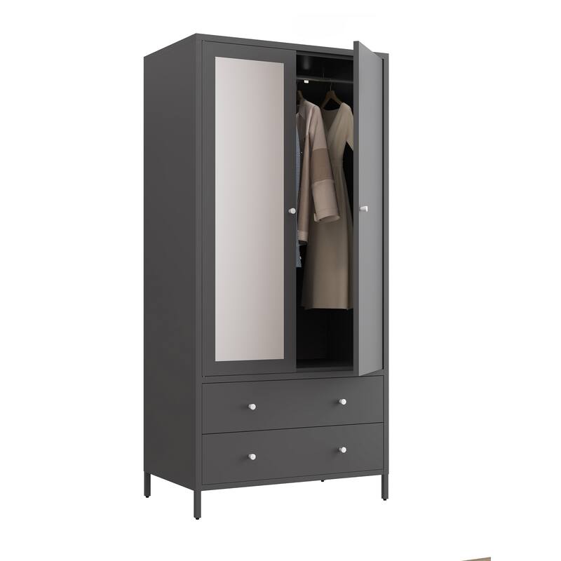 Metal Armoire Wardrobe Closet with 2 Drawers,Mirror Door and Hanging Rod