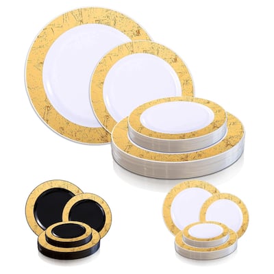Shiny Gold Marble Rim Disposable Plastic Plate Packs - Party Supplies