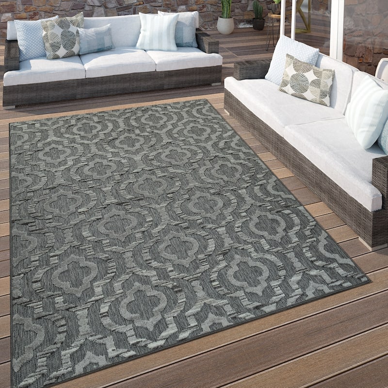 Dark Grey Outdoor Rug with Modern Moroccan Ornament Pattern for Patio