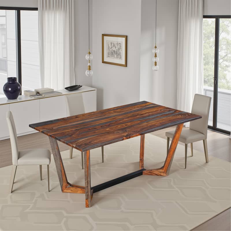 Myra 6 Seater Dining Table, 67" Rectangular Top in Walnut Brown and Antique Gray Sheesham Wood, Black Metal Base