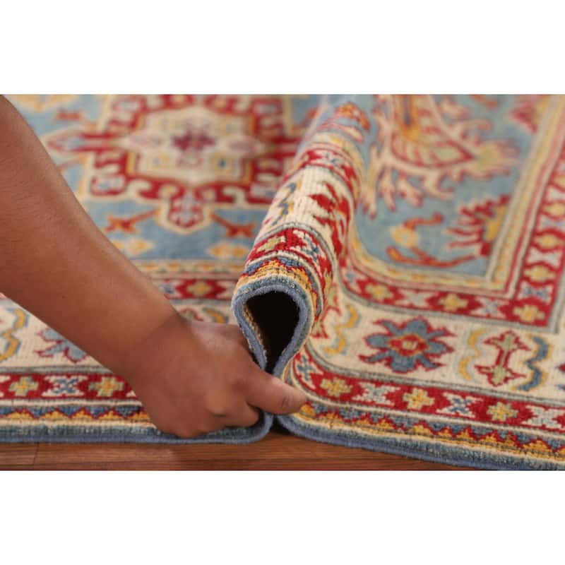 Light Blue Kazak Accent Rug Hand-Knotted Geometric Wool Carpet - 3'4"x 4'11"