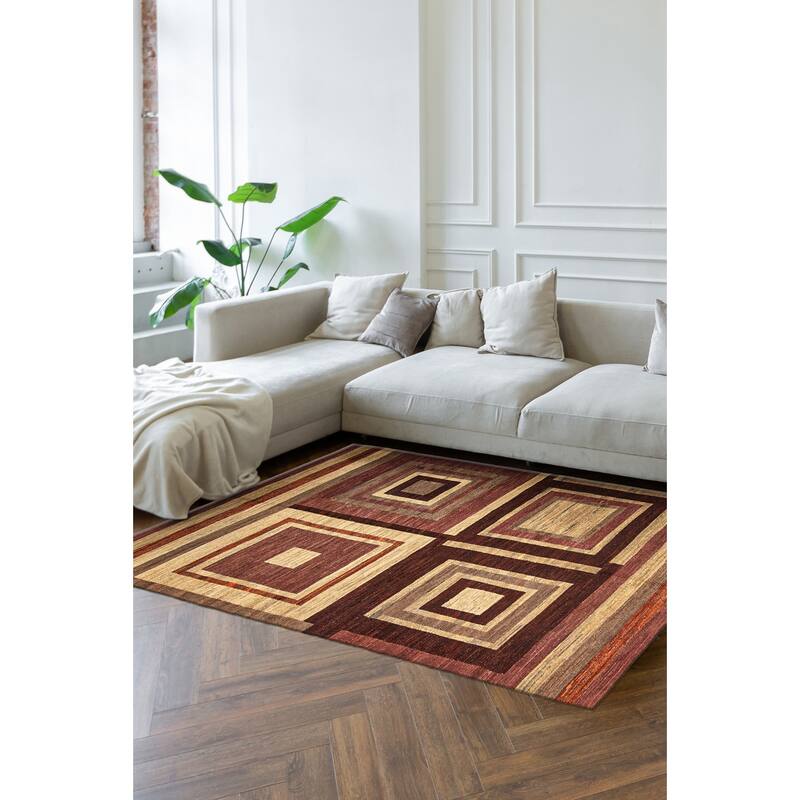 ECARPETGALLERY Flat-Weave Natural Burgundy Wool Tapestry Kilim - 5'5 x 6'11