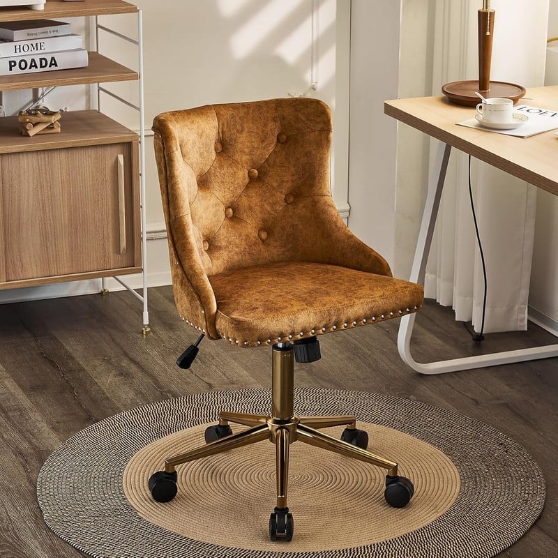 VINGLI Pink Velvet Office Chair with Wheels