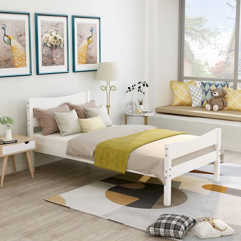 Wood Platform Bed with Headboard and Wooden Slat Support
