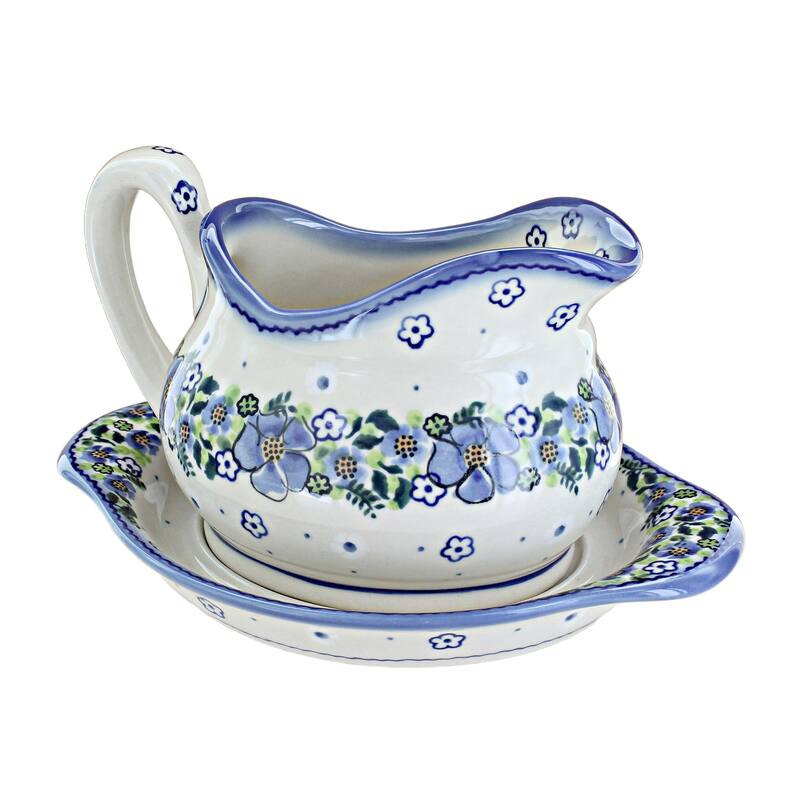 Blue Rose Polish Pottery WS03 Galia Gravy Boat and Plate - Hannah