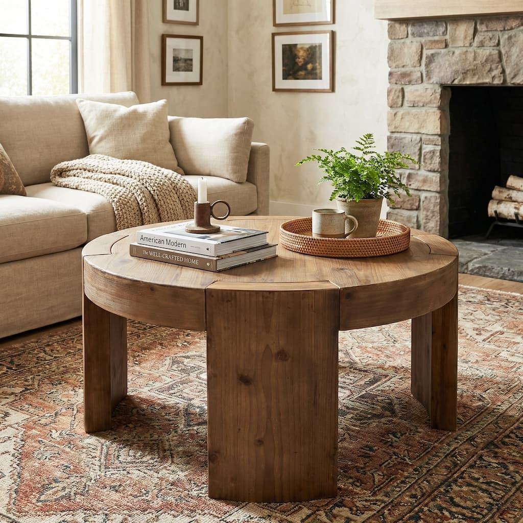 Solid Wood Round Coffee Table, 31.5 Inch Farmhouse Circle Center Cocktail Table