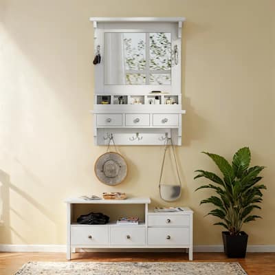 Wall-Mounted Floating Makeup Vanity with Big Mirror, Pockets & Hooks