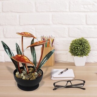 Alpine Corporation 12"H Indoor Multi-Tier Metal Tropical Floral Tabletop Fountain with Stone-Filled Base