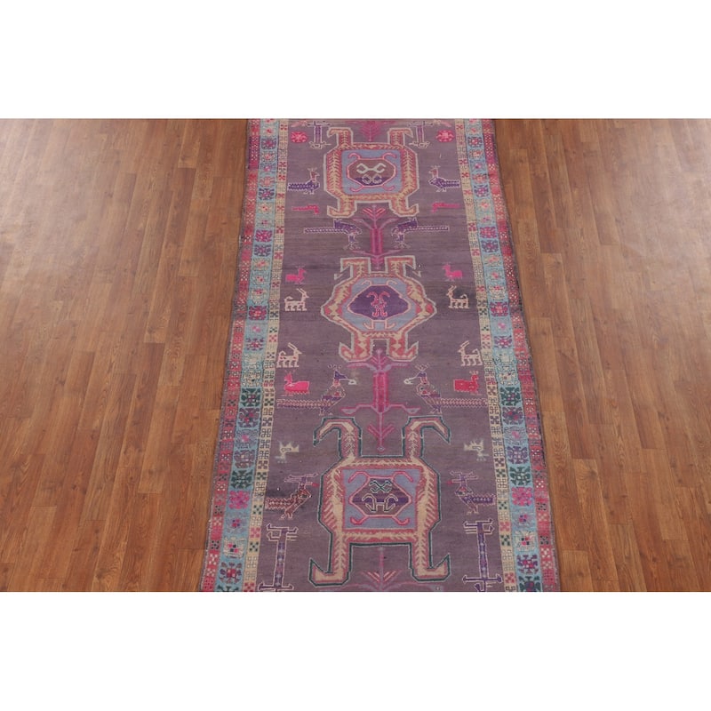 Purple Tribal Ardebil Persian Vintage Runner Rug Handmade Wool Carpet - 3'10" x 9'7"