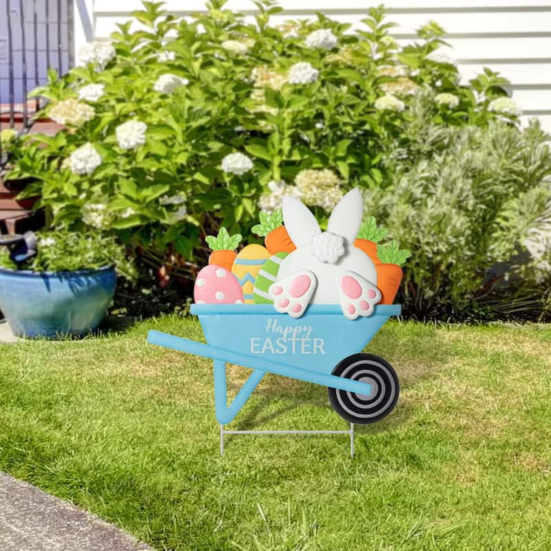 Glitzhome Easter Metal Wheel Barrow Garden Cart Yard Stake Spring Outdoor Decor