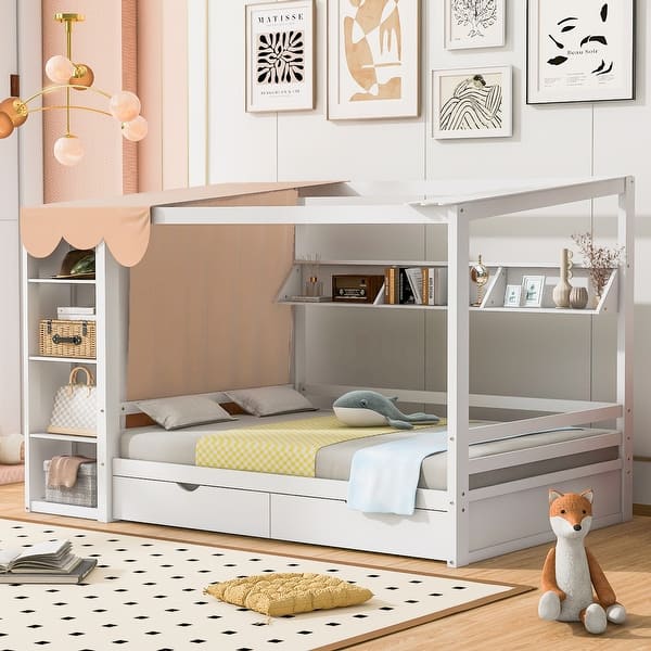 slide 2 of 27, Full size House Bed with Two Drawers and Built-in Wardrobe White