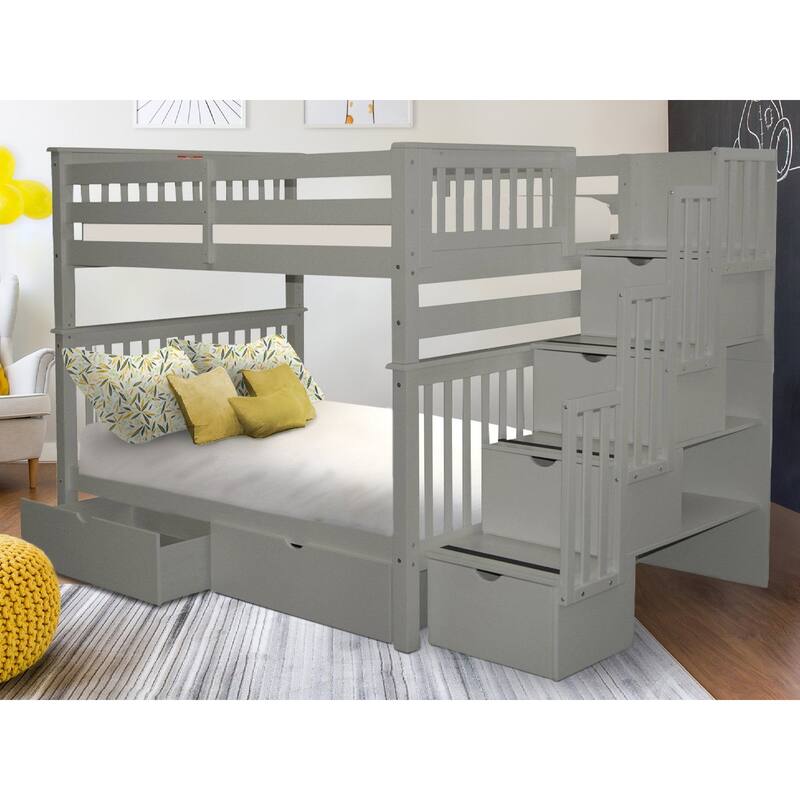 Taylor & Olive Trillium Full over Full Stairway Bunk Bed, 2 Drawers - Grey