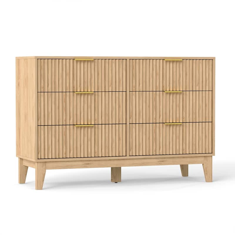 EROMMY Fluted Dresser 6 Drawer Mid Century Modern Dresser Wide Chest of Drawers with Metal Handles for Bedroom Living Room
