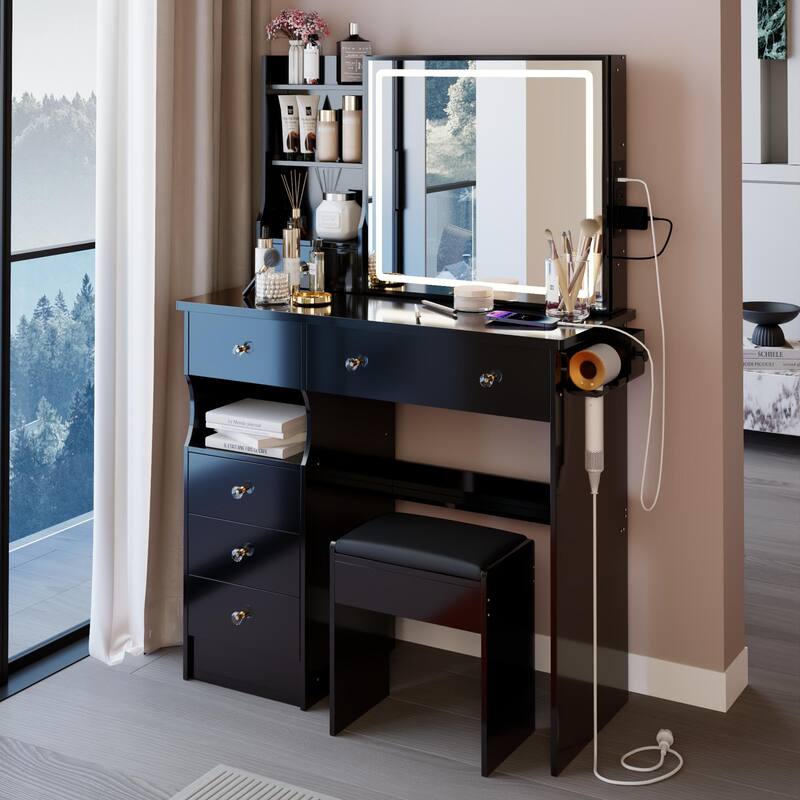 37" Middle Size Left Drawer Desktop Vanity Table + Cushioned Stool Dresser Set, Large Touch Control LED Sliding Mirror