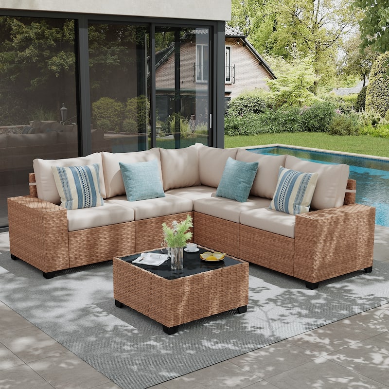 Outdoor Conversation Set L-Shaped Sectional Sofa 6-Piece with Cushions and Coffee Table PE Wicker Rattan Weather-Resistant