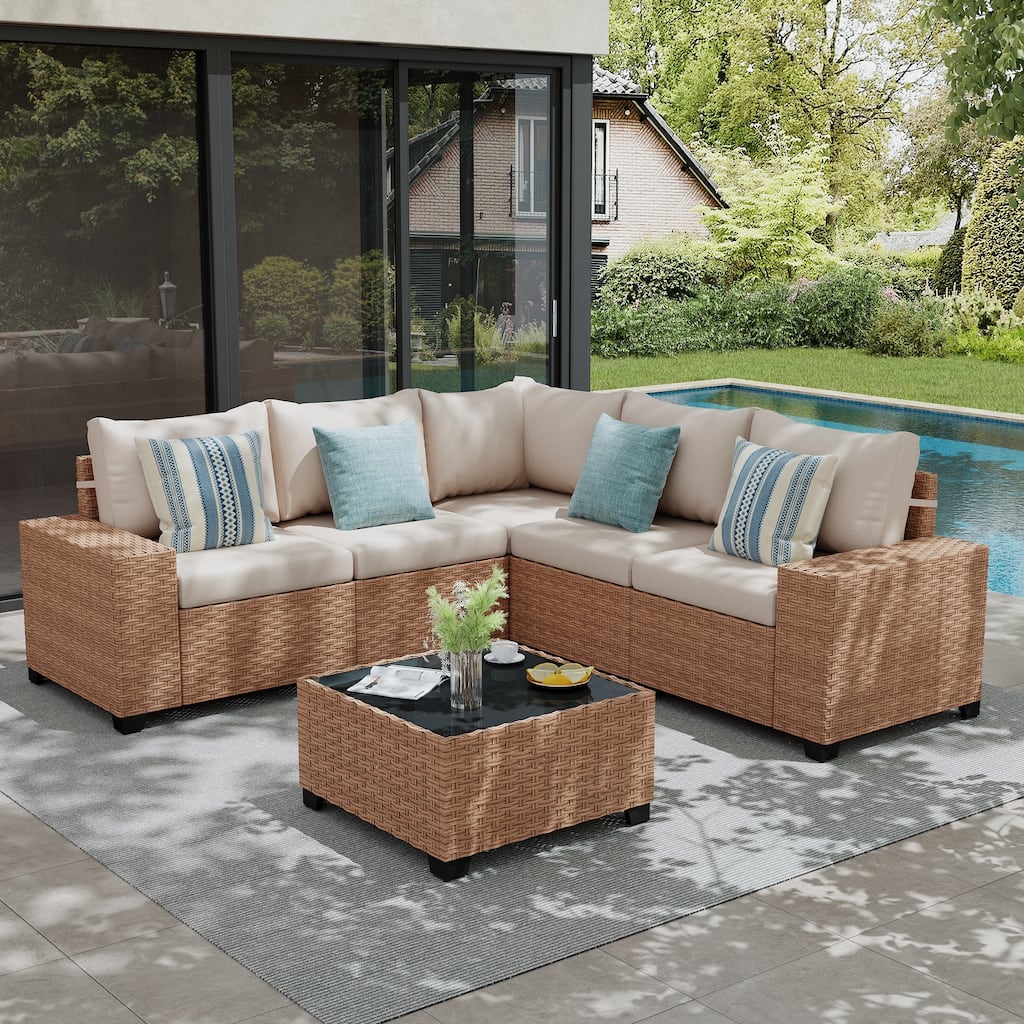 Outdoor Conversation Set L-Shaped Sectional Sofa 6-Piece with Cushions and Coffee Table PE Wicker Rattan Weather-Resistant