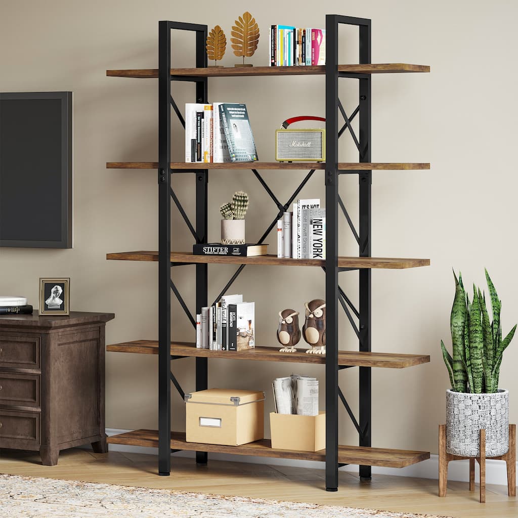 Moasis 5-Tier Bookshelf, Vintage Industrial Style Bookcase Display Shelves for Living Room