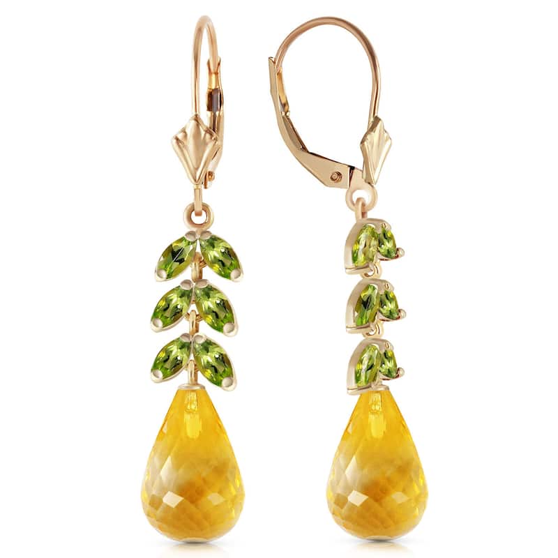 14K Solid Gold Leverback Gemstone Earrings w/ Peridot & Citrines - Yellow