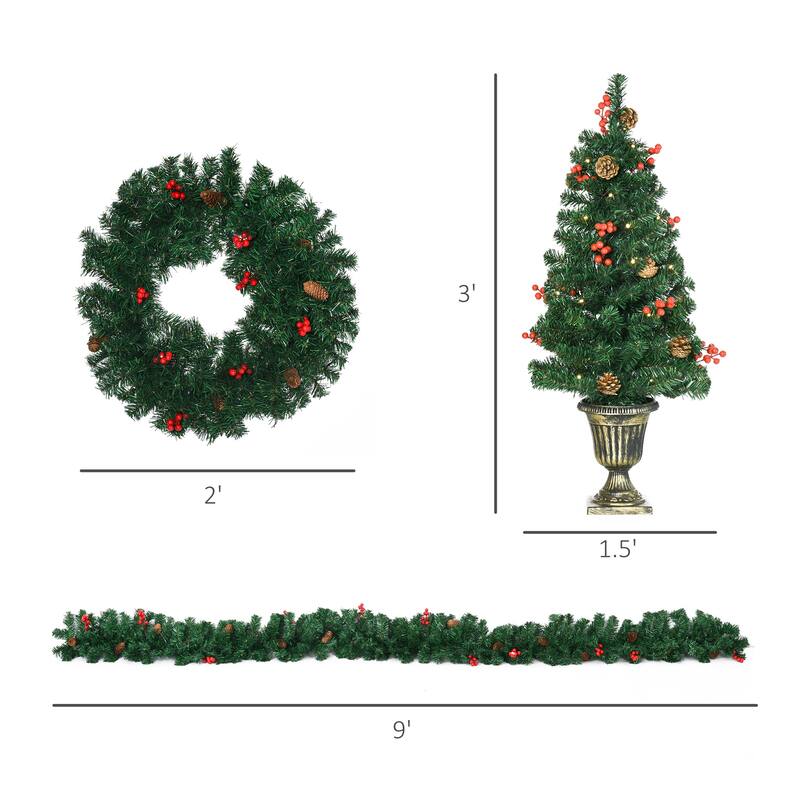 4 Piece Prelit Christmas Decoration Set with 3ft Trees Garland and Wreath Warm White LED Battery Operated Holiday Decor
