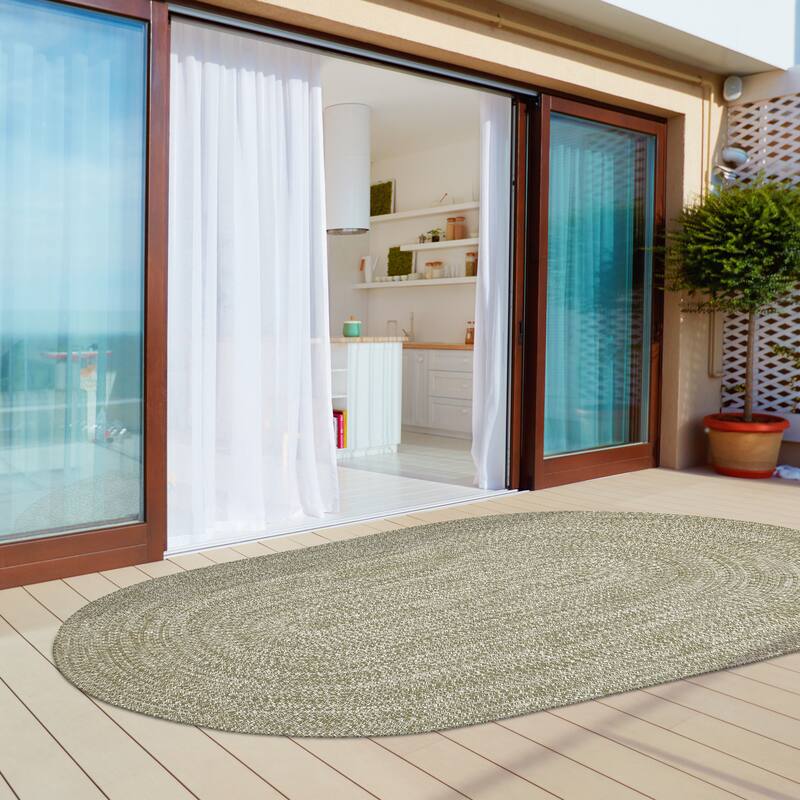 Superior Modern Rustic Bohemian Reversible Multi-Tone Braided Indoor Outdoor Area Rug - 8' x 10' Oval - Fog Green-White