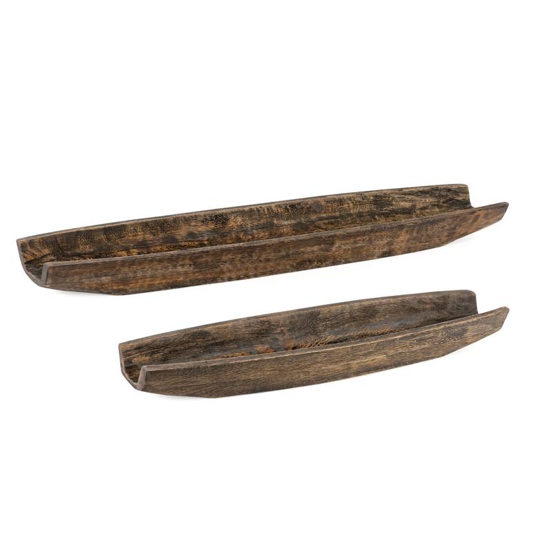 HomeRoots Set of Two Dark Brown Solid Wood Boat Vanity Trays - 36.00 in. x 3.25 in. x 7.00 in.