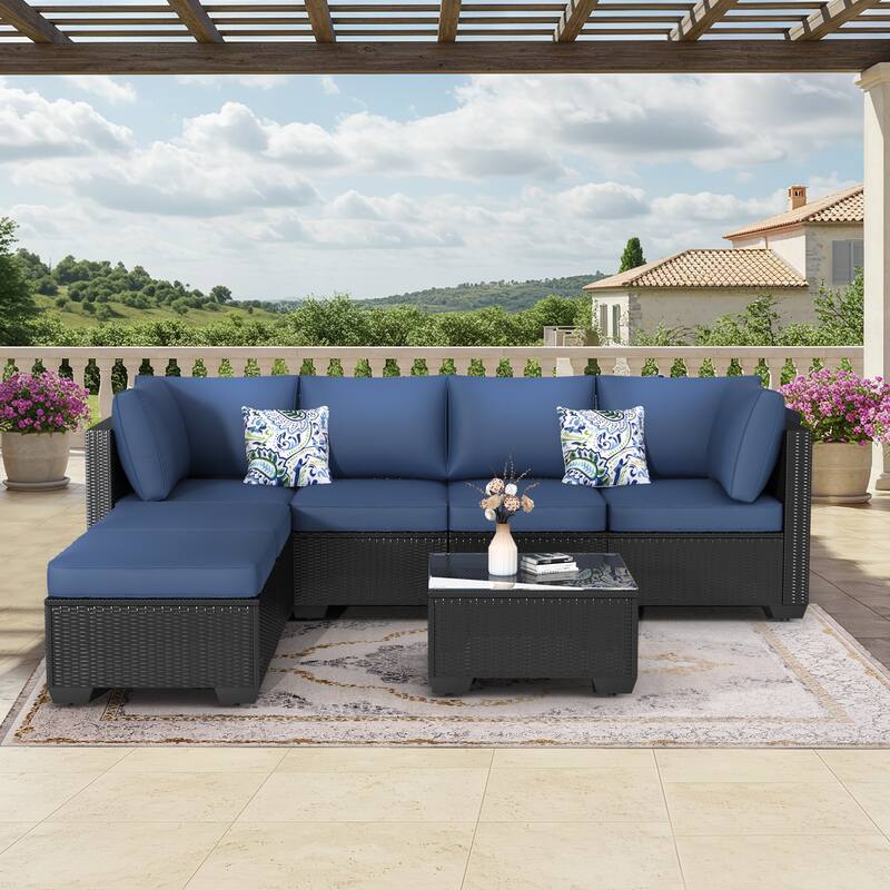 AECOJOY 7 Pieces Outdoor Sectional Sofa Wicker Rattan Conversation Set - Dark Blue - Black Rattan