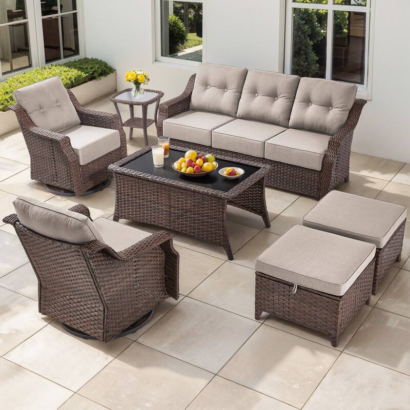 Gymojoy Wicker Patio Furniture Sofa Set, 6-Inch Ultra Thick Cushioned 360°Swivel Glider Chairs & Sofa Set - Brown Wicker / Beige Cusion - 7-Piece with Ottomans