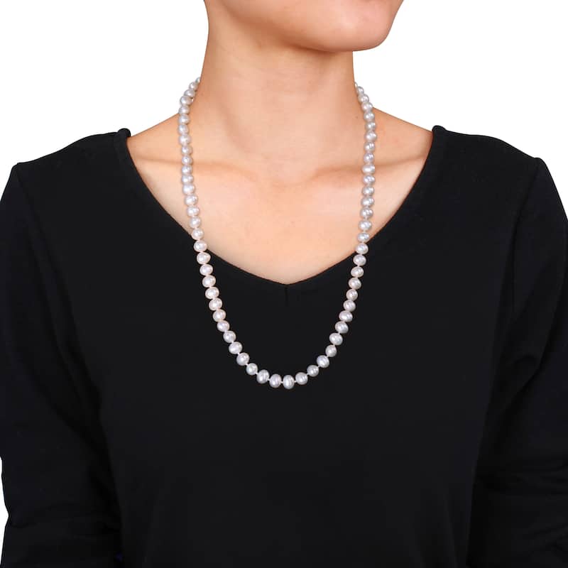 18 or 24 Inch 7.5-8 MM Cultured FW Pearl Single Strand Necklace with Sterling Silver FE Clasp by Miadora