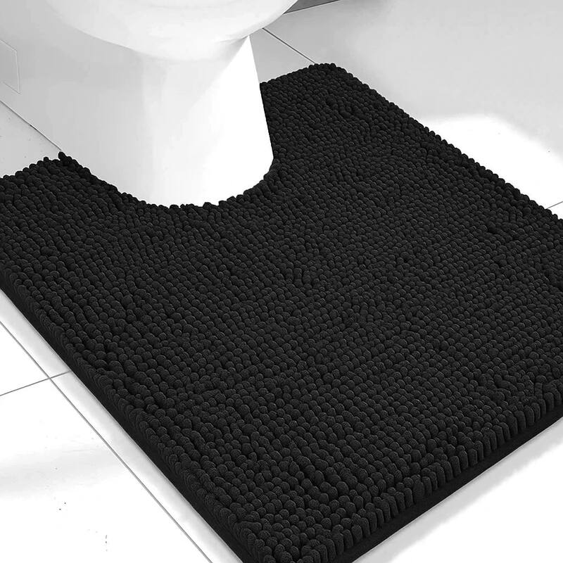 Black Soft Cozy Plush Chenille Contour Bath Mat Bathroom Rug - 20" x 20" - Black