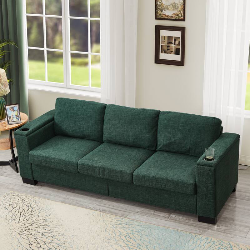 Fabric Upholstered 3 Seater Sofa, Lounge Sofa with Square Arm, Oversized Deep Seat Sofa with Storage & Cup Holders - Green