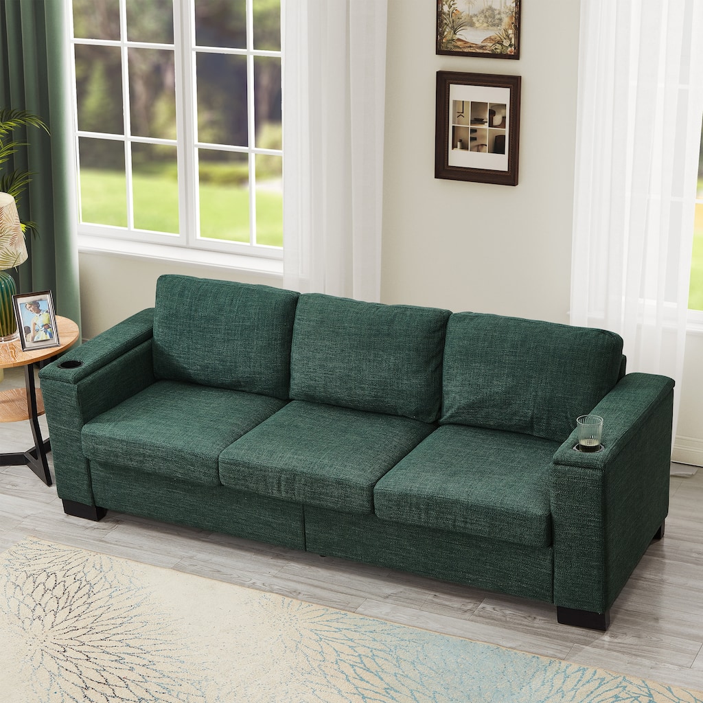 Fabric Upholstered 3 Seater Sofa, Lounge Sofa with Square Arm, Oversized Deep Seat Sofa with Storage & Cup Holders