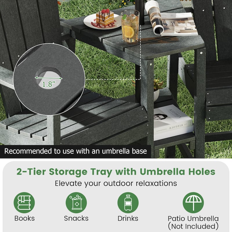 HDPE Adirondack 2-Seat Chair with Tray Table and Umbrella Hole - 24" L x 22" W x 50" H