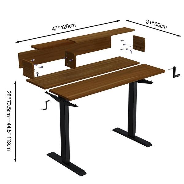47' Manual Height Adjustable Office Desk with Bookshelf Teak Wood