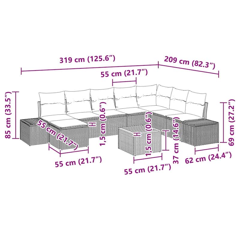 vidaXL 9 Garden Sofa Set with Cushions Black/Grey Poly Rattan - 125.6 x 82.3 x 27.2