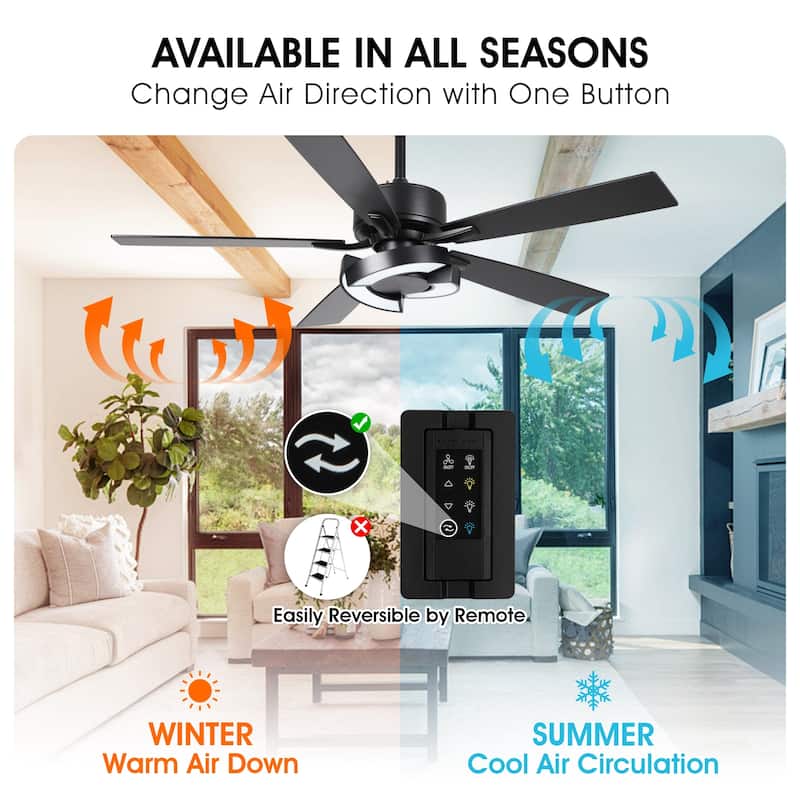52" Black Wooden 5-Blade Dimmable Modern Ceiling Fan with Light and Remote