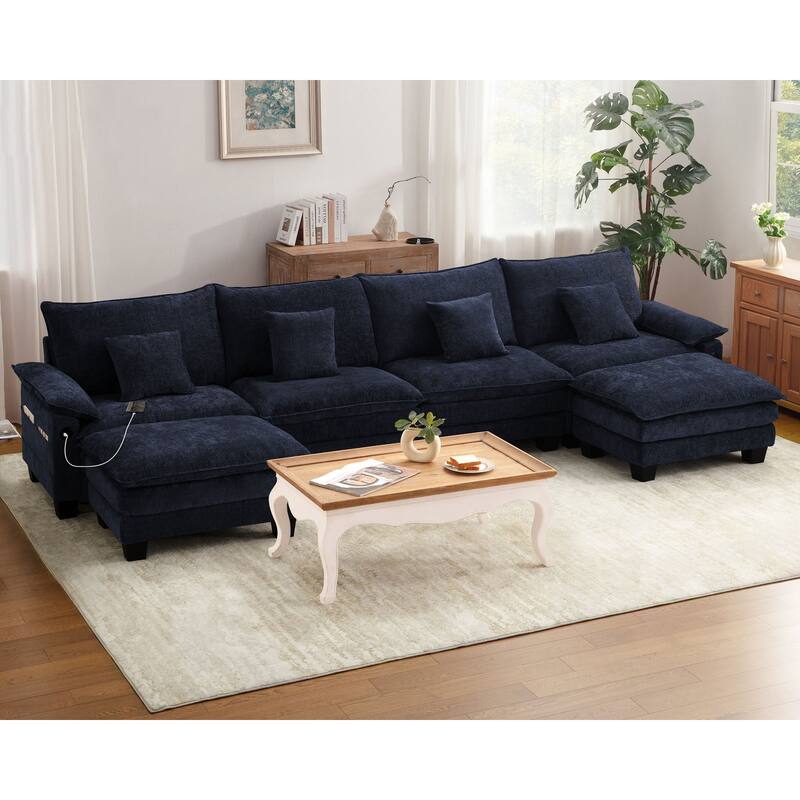 Living Room Furniture Sets, Modular Sectional Sofa Set with Ottoman for Living Room, Convertible Sofa Couch - Blue 4 Seats + 2 Ottomans