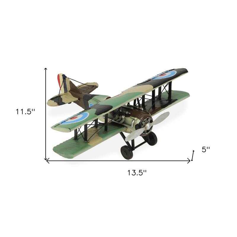 HomeRoots 5" Green Metal Hand Painted 1918 Aviation Military Plane Model Airplane - 11.5' X '5' X '13.5
