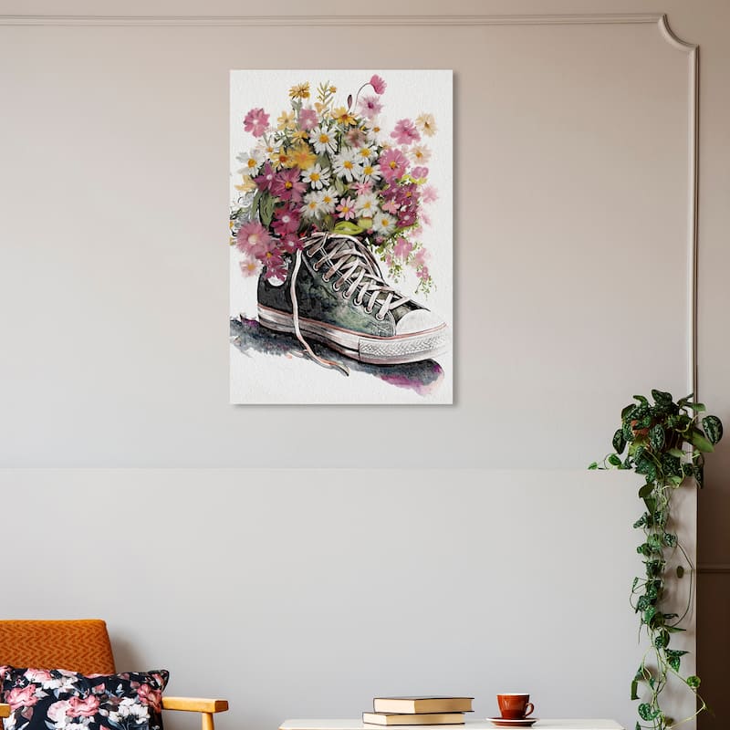 Wynwood Studio Fashion and Glam Chucks and Flowers Pink and Modern & Contemporary Wall Art Canvas Print - 30 x 20