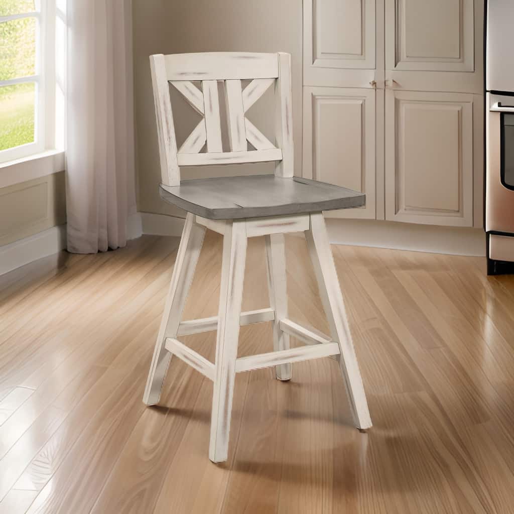 Set of 2 Swivel Bar Stools, 29 Inch Height with Divided X Back Design in Gray & White