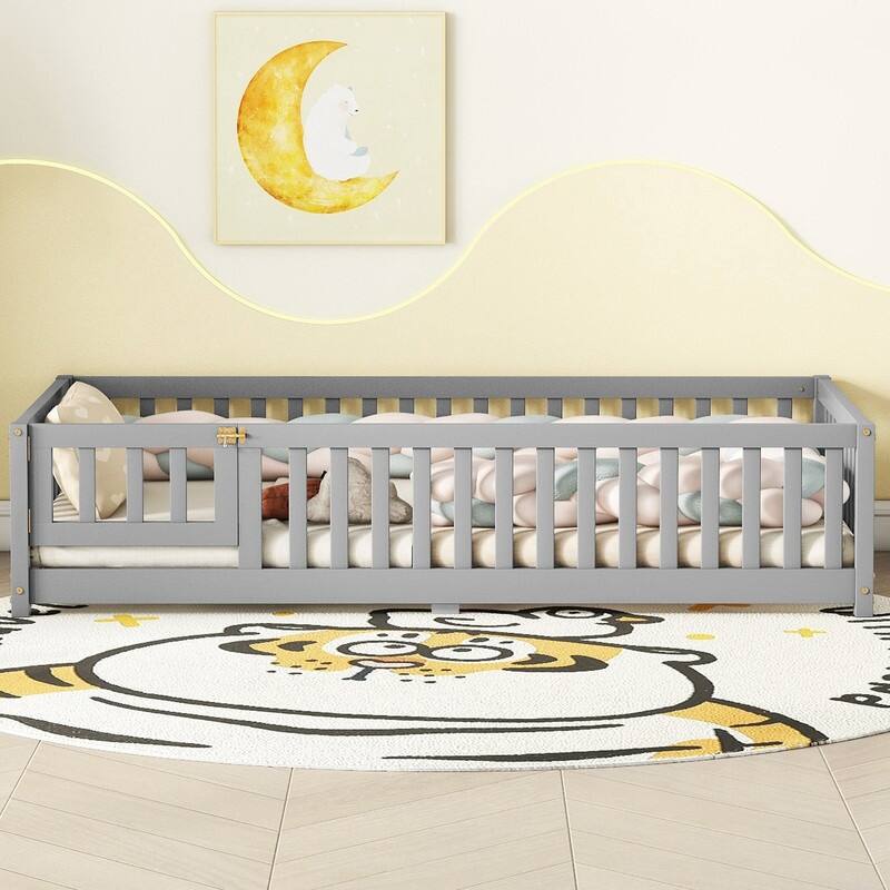 Twin Size Floor Bed with Safety Guardrails and Door, for Kids