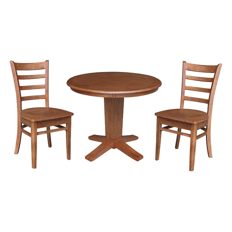 36 in Solid Wood Round Top Pedestal Dining Table with Dining Chairs - Distressed Oak - 3-Piece