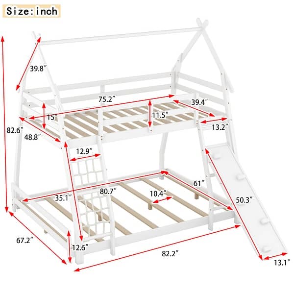dimension image slide 1 of 2, Kid Friendly Twin over Queen House Bunk Bed with Climbing Nets & Ramp