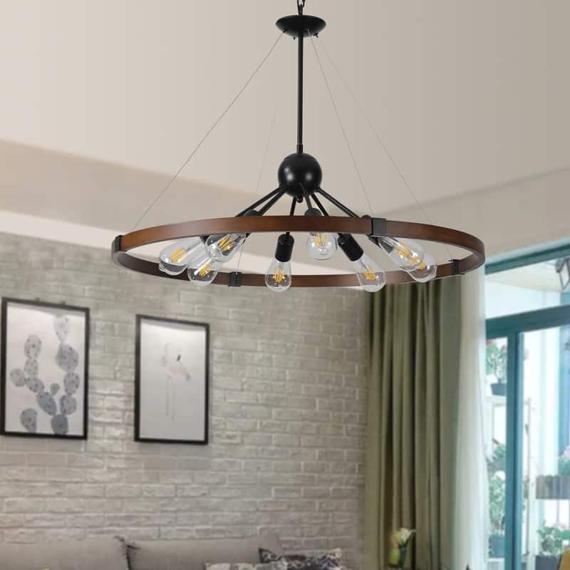 32" Rustic Industrial Chandelier, Eight Lights, Metal And Wood Finish, Adjustable Hanging Chain (No Bulb)