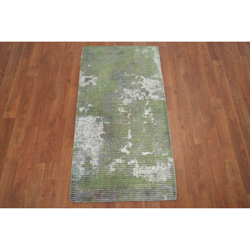 Hand Knotted Oriental Viscose Silk Carpet Modern Abstract Green Abstract Area Rug - 4' 0'' X 2' 0''