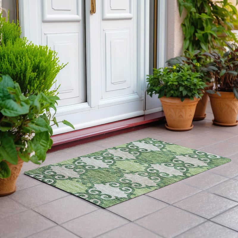 Machine Washable Indoor/ Outdoor Chantille Traditional Scroll Rug - Green - 1'8" x 2'6"