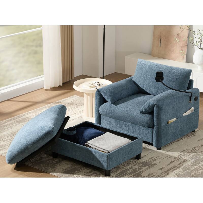 Single Sofa with Storage Ottoman, Lounge Chair with Phone Holder, USB Charger & Side Pockets, Comfy Chenille Reading Armchair