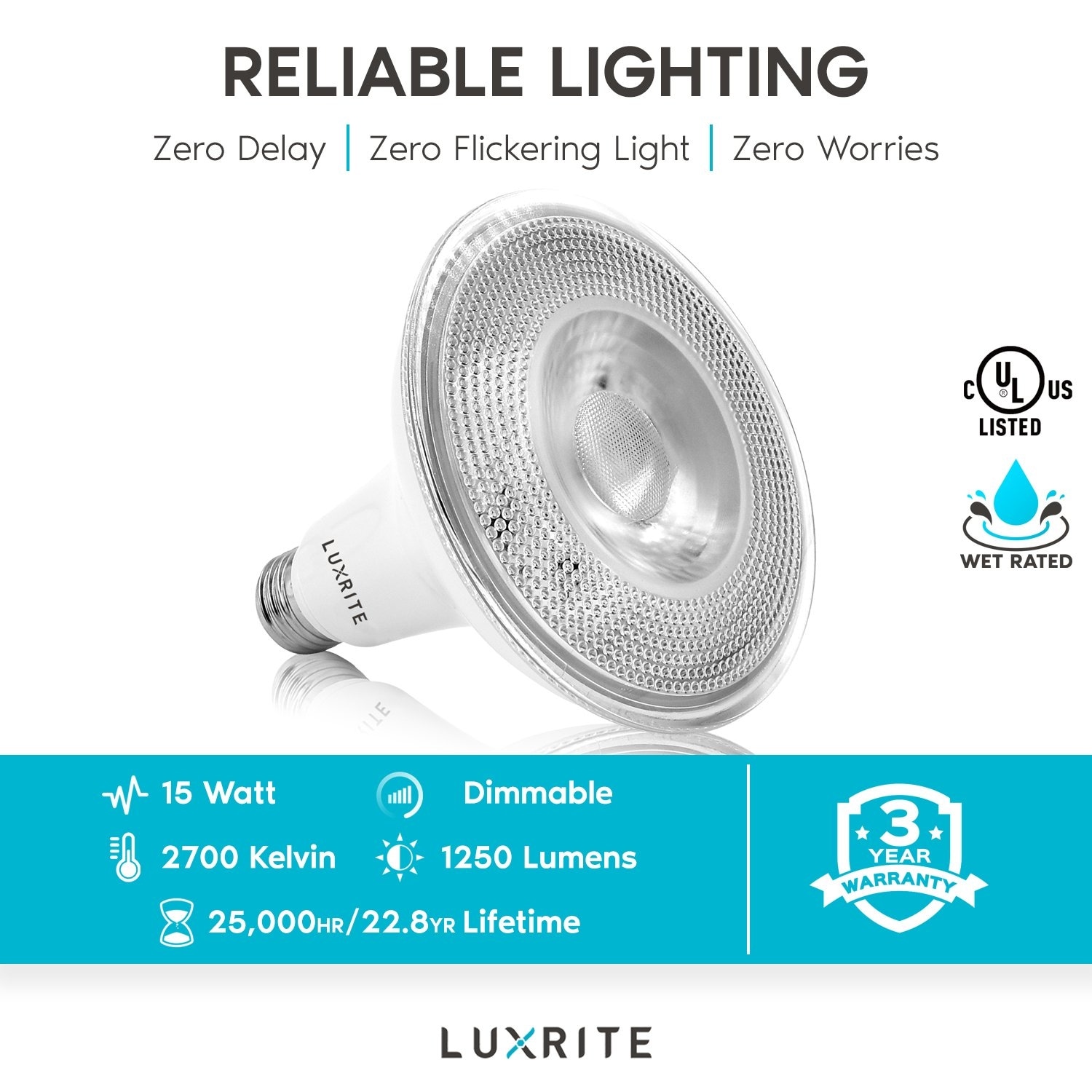Luxrite 6 Pack LED PAR38 Flood Light Bulb 1250 Lumens 15W Dimmable Wet  Rated E26 Base UL Listed