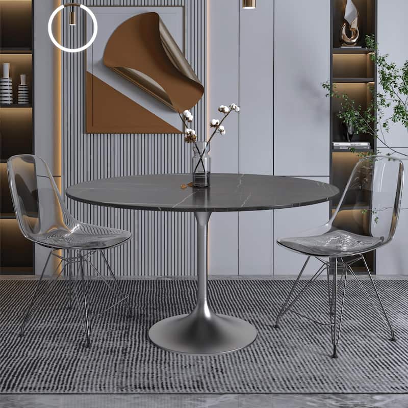 LeisureMod Verve 48" Round Dining Table with Sintered Stone TableTop and Brushed Chrome Base for Kitchen & Dining Room