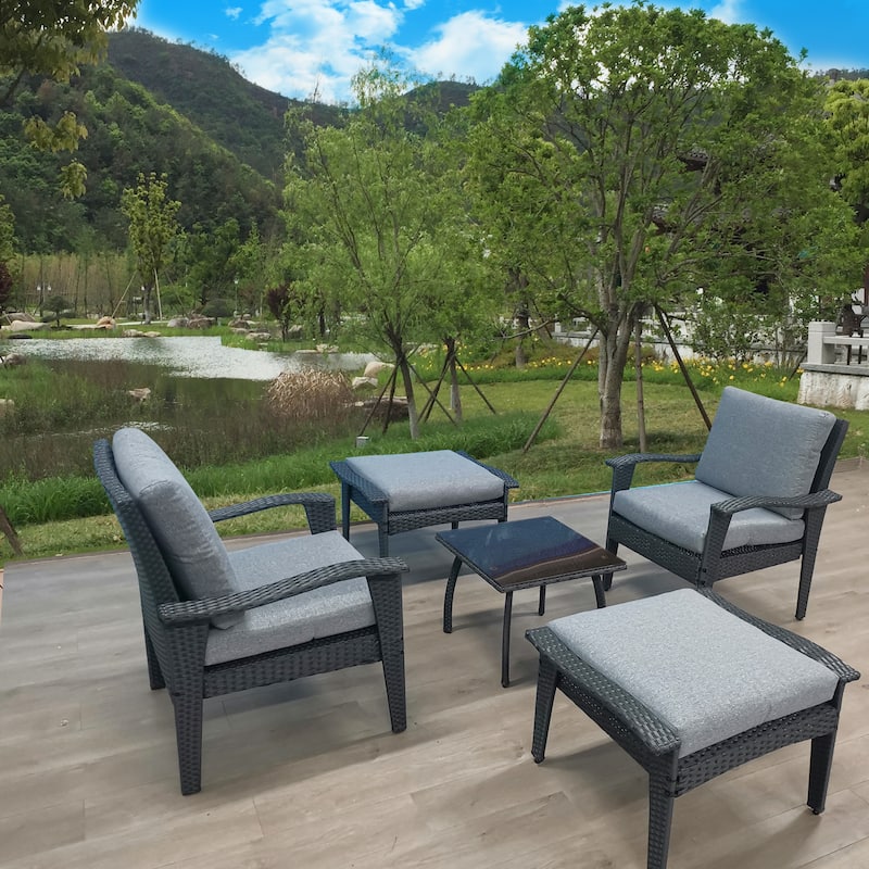Rattan Luxe 5-piece Outdoor Patio Furniture Set with Removable Plush Cushions, Easy Clean and Assemble