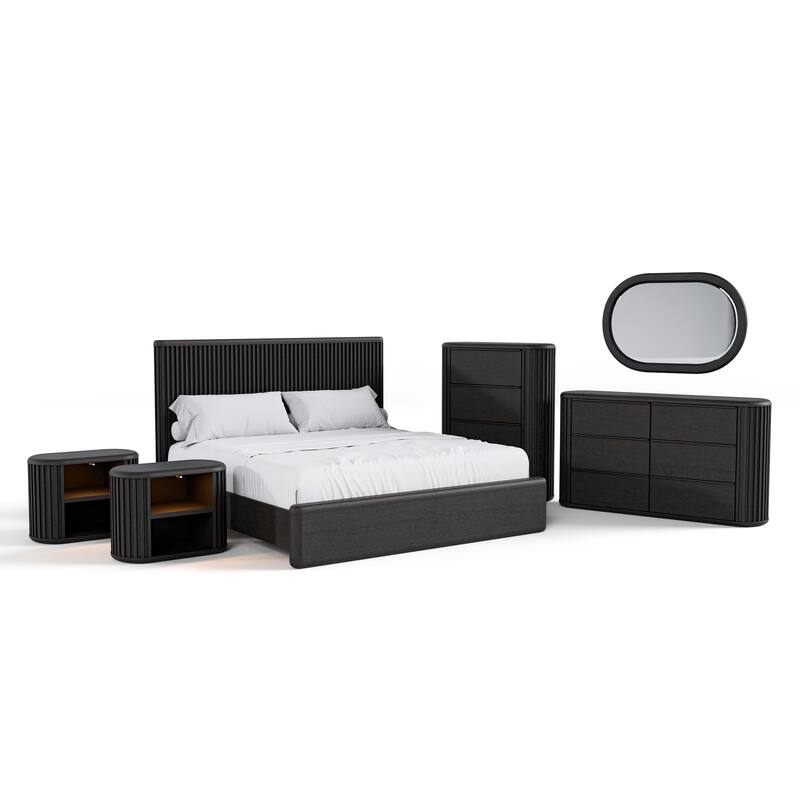 Furniture of America Caelan I Modern 6-Piece Black Solid Wood Fluted Panel Bedroom Set with Motion Light